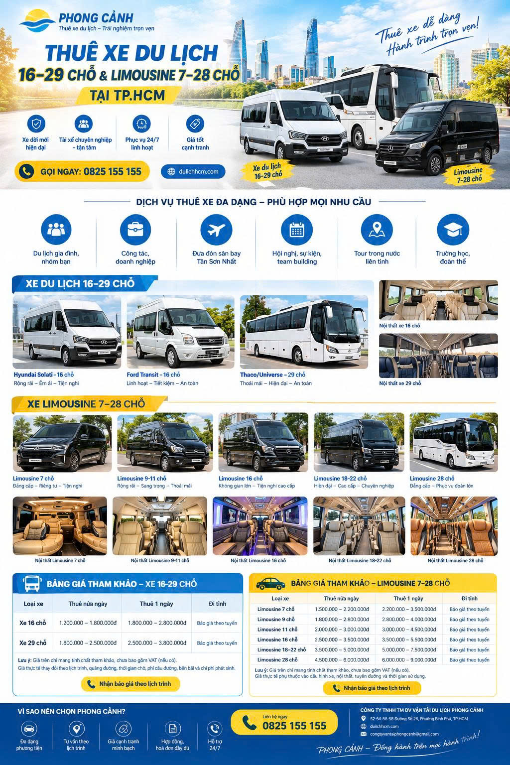 THUÊ XE DU LỊCH 16–29 CHỖ, LIMOUSINE 7–28 CHỖ TẠI TP.HCM – GIÁ TỐT, DỊCH VỤ CHUYÊN NGHIỆP
